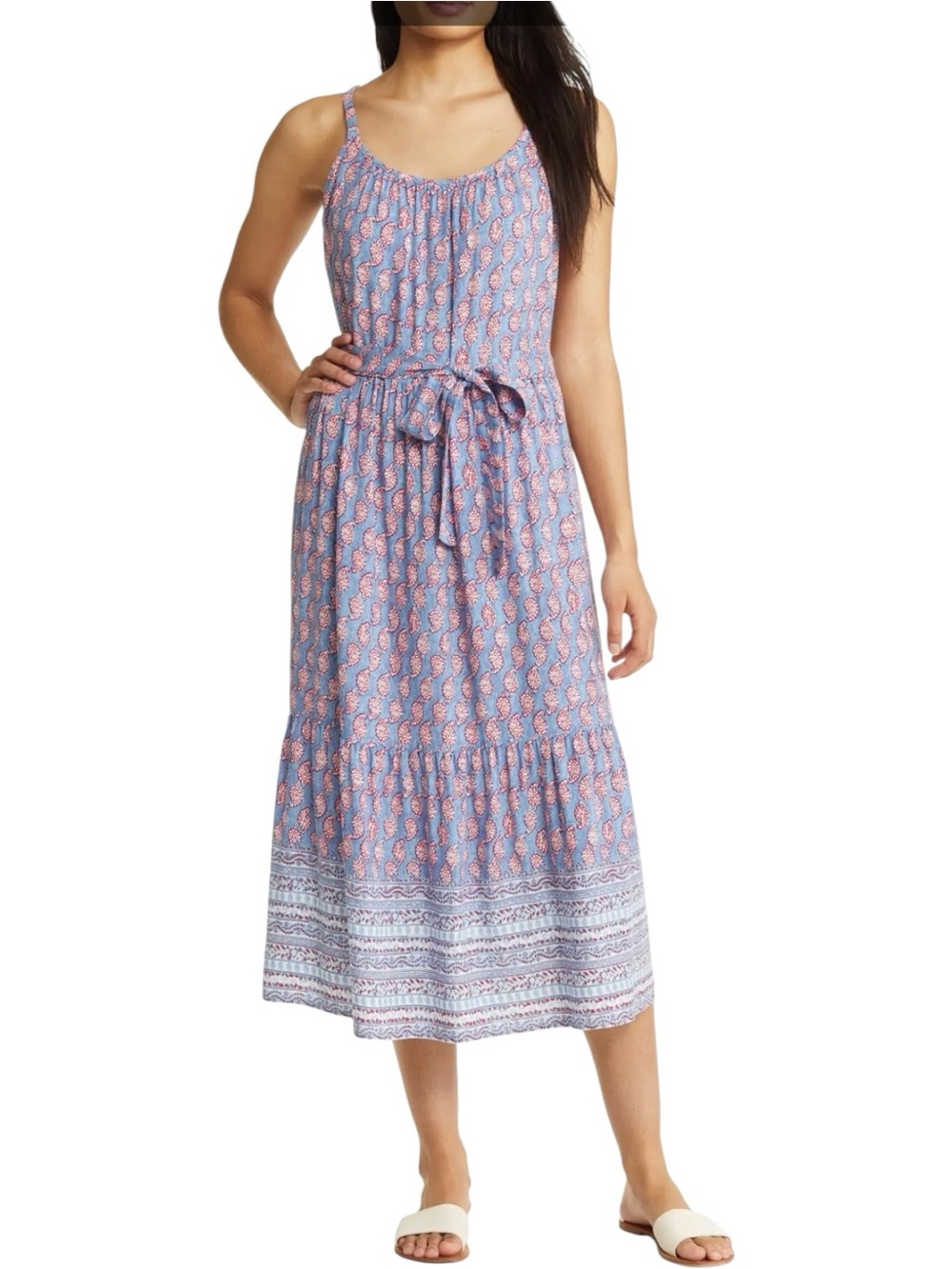 beachlunchlounge Blue and Pink Paisley Maxi Dress with Tie Waist
